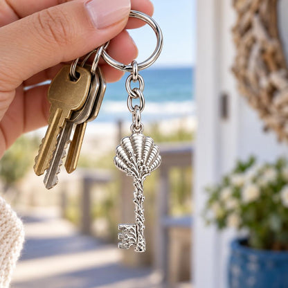 Seashell Skeleton Key Charm Keychain – worn / in use