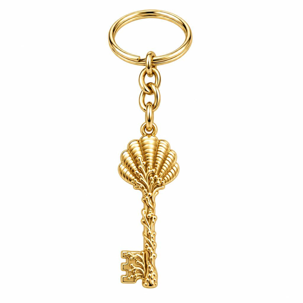 Seashell Skeleton Key Charm Keychain – 18K gold, front view