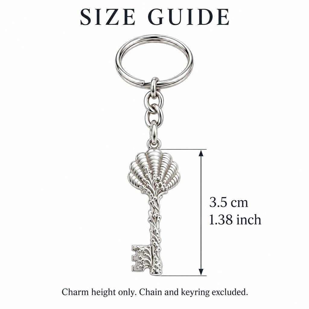 Seashell Skeleton Key Charm Keychain – size guide, 3.5 cm (1.38 in) charm, chain and keyring excluded