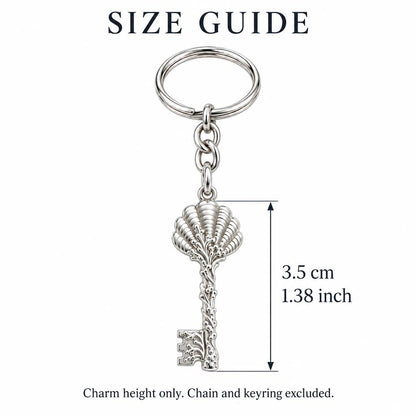 Seashell Skeleton Key Charm Keychain – size guide, 3.5 cm (1.38 in) charm, chain and keyring excluded