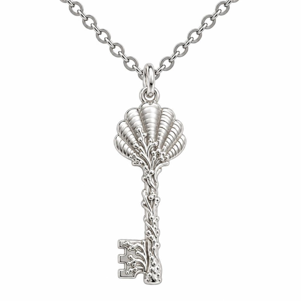 Seashell Skeleton Key Charm Necklace Set – silver, front view