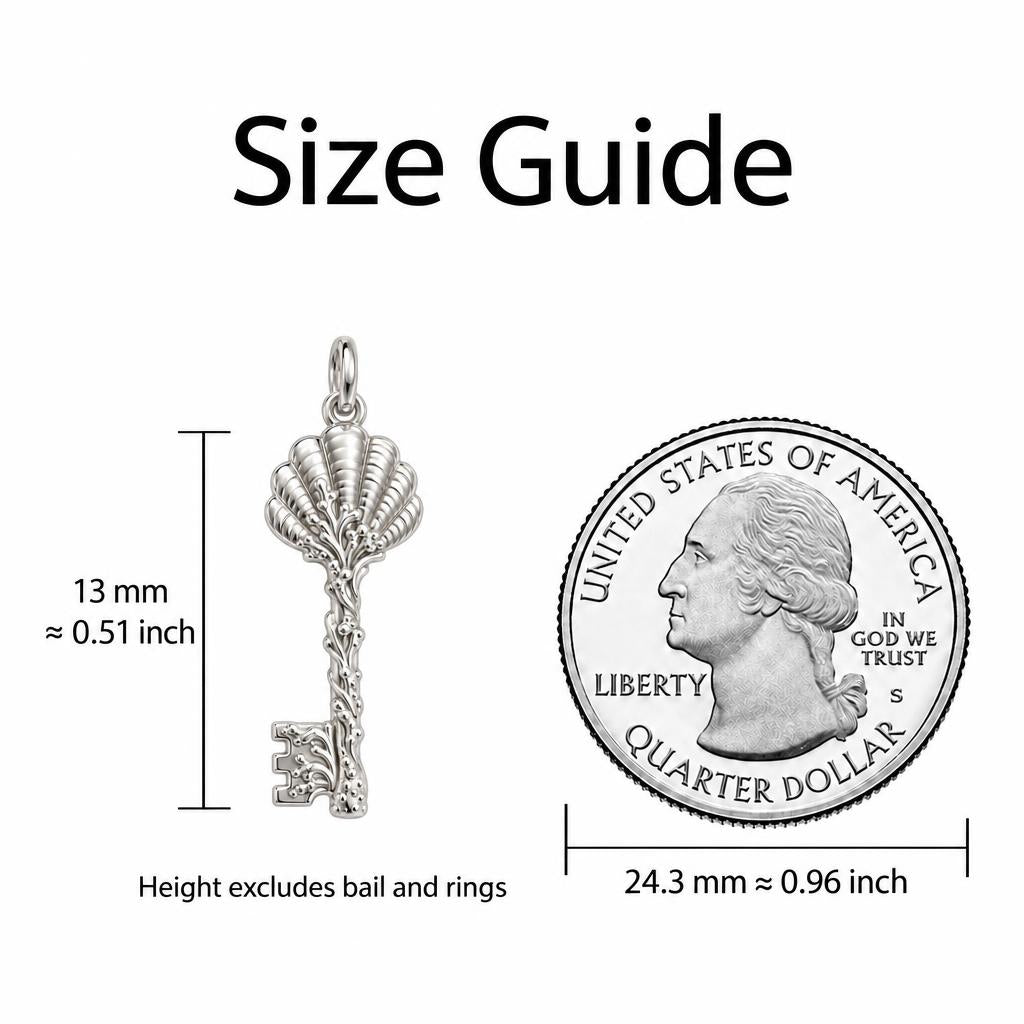 Seashell Skeleton Key Charm Necklace Set – size guide, 13 mm charm next to a quarter