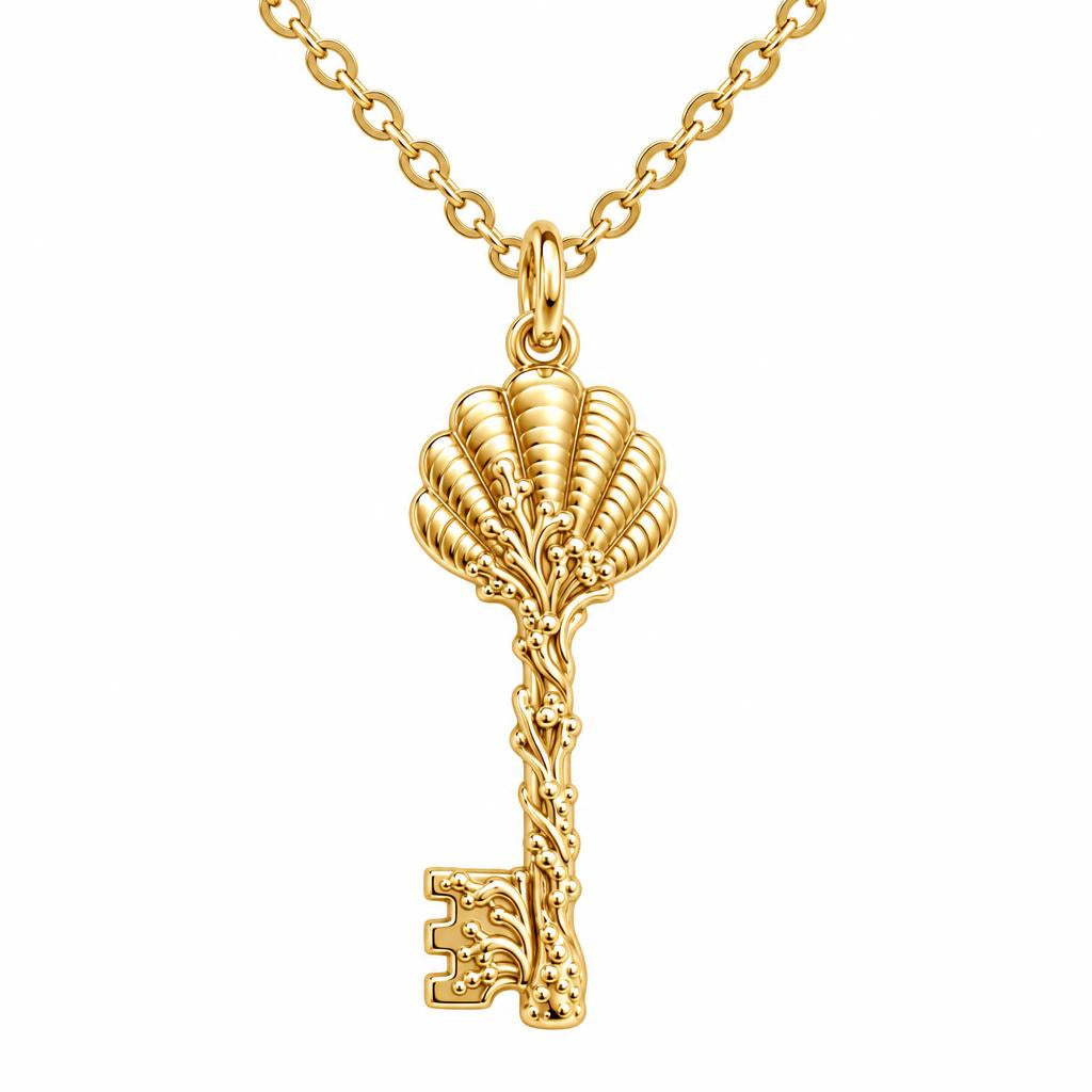 Seashell Skeleton Key Charm Necklace Set – 18K gold, front view