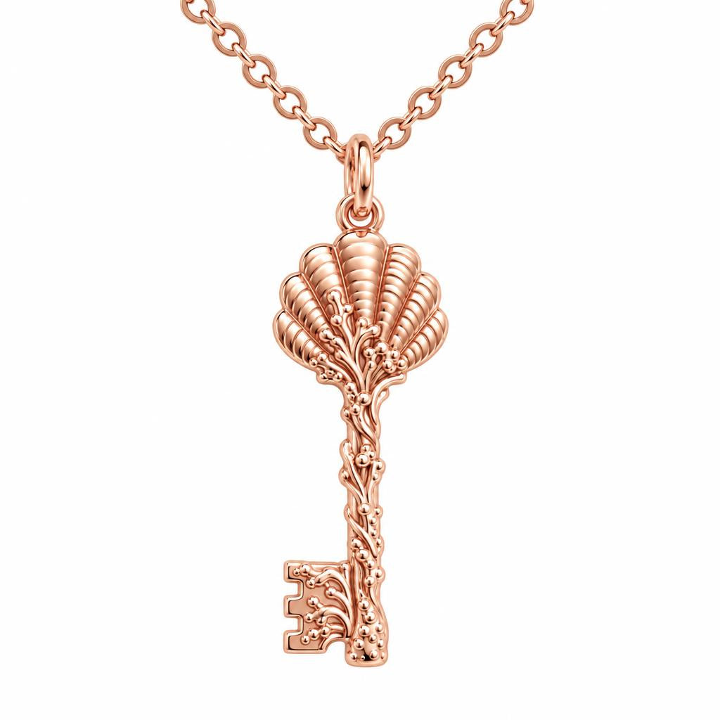 Seashell Skeleton Key Charm Necklace Set – rose gold, front view