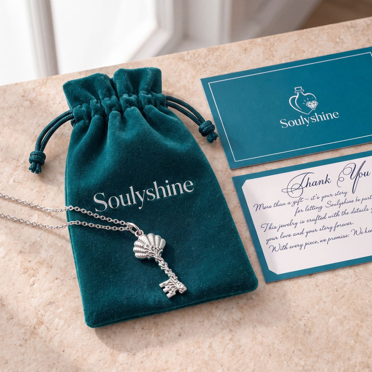 Seashell Skeleton Key Charm Necklace Set – Soulyshine velvet pouch and gift card