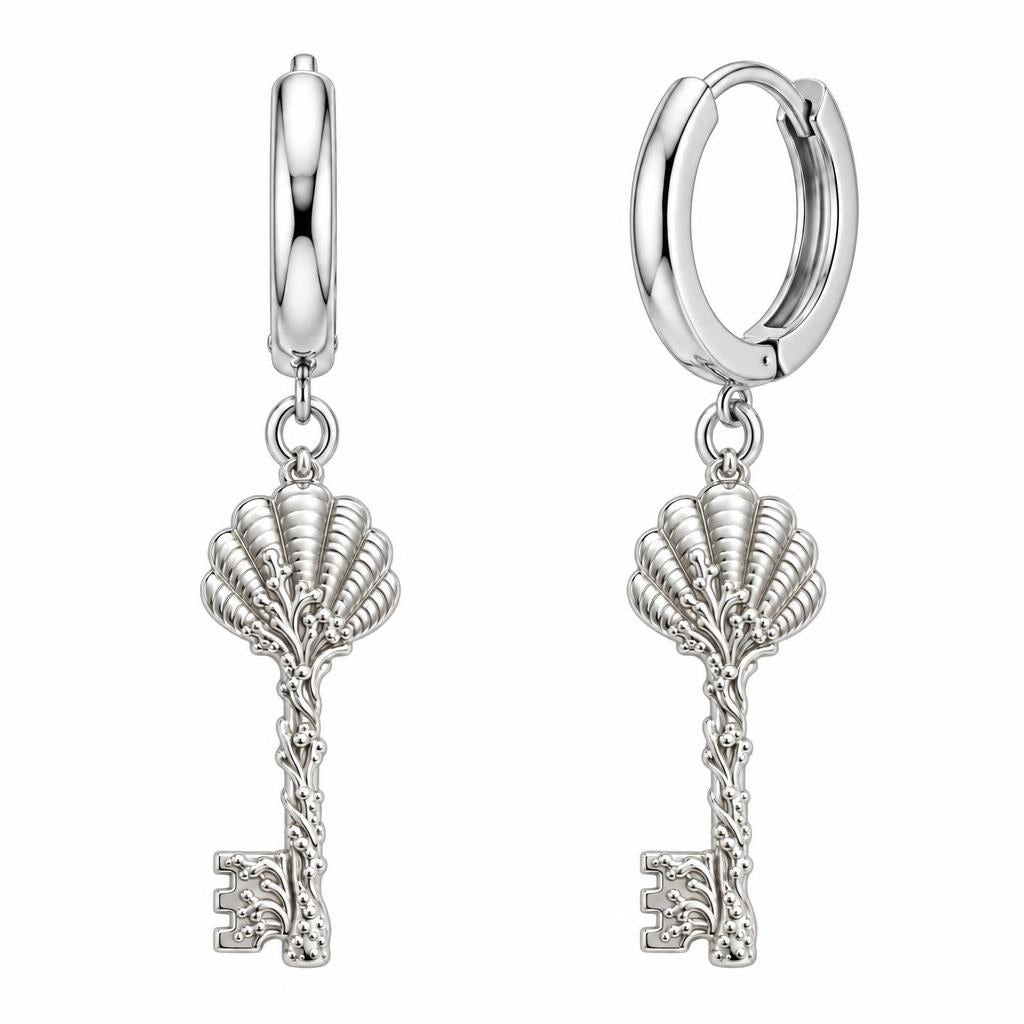 Seashell Skeleton Key Huggie Charm Earrings – silver, front view