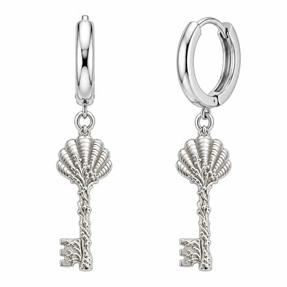 Seashell Skeleton Key Huggie Charm Earrings – silver, front view