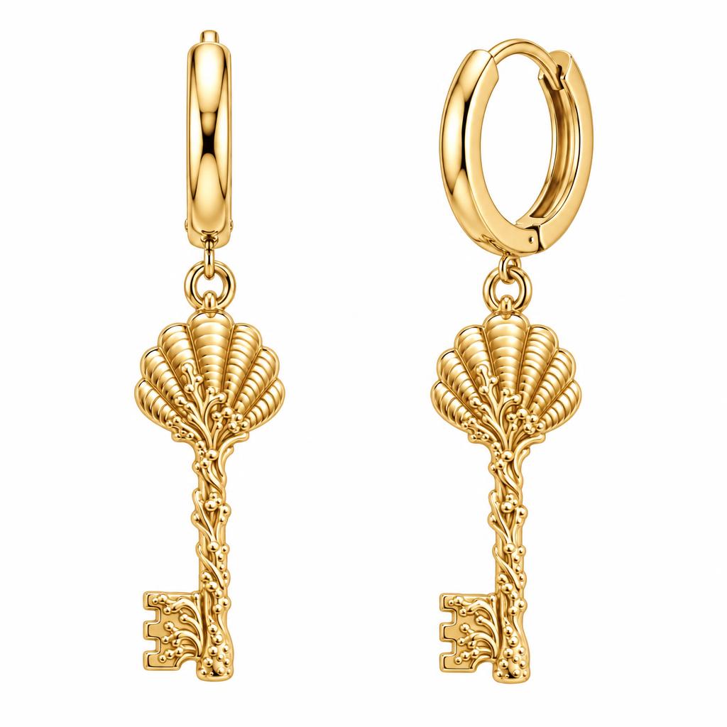 Seashell Skeleton Key Huggie Charm Earrings – 18K gold, front view
