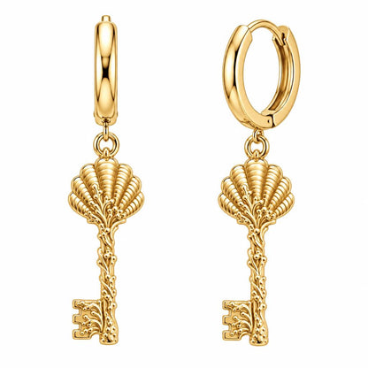 Seashell Skeleton Key Huggie Charm Earrings – 18K gold, front view