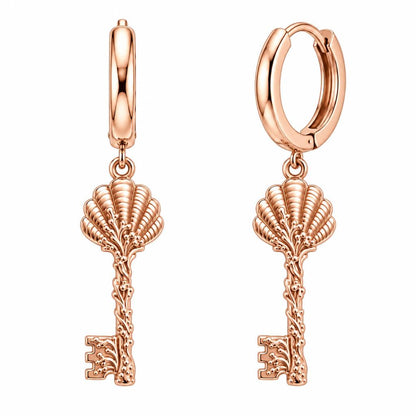 Seashell Skeleton Key Huggie Charm Earrings – rose gold, front view