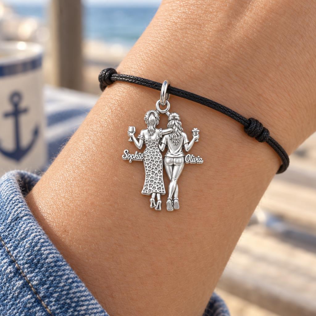 Seaside Best Friends Charm Bracelet – Personalized Bestie Gift – worn on the wrist on a black cord bracelet