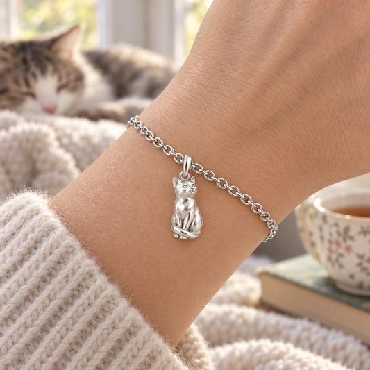 Always Close — Seated Cat Breed Charm Bracelet Set — worn / in use