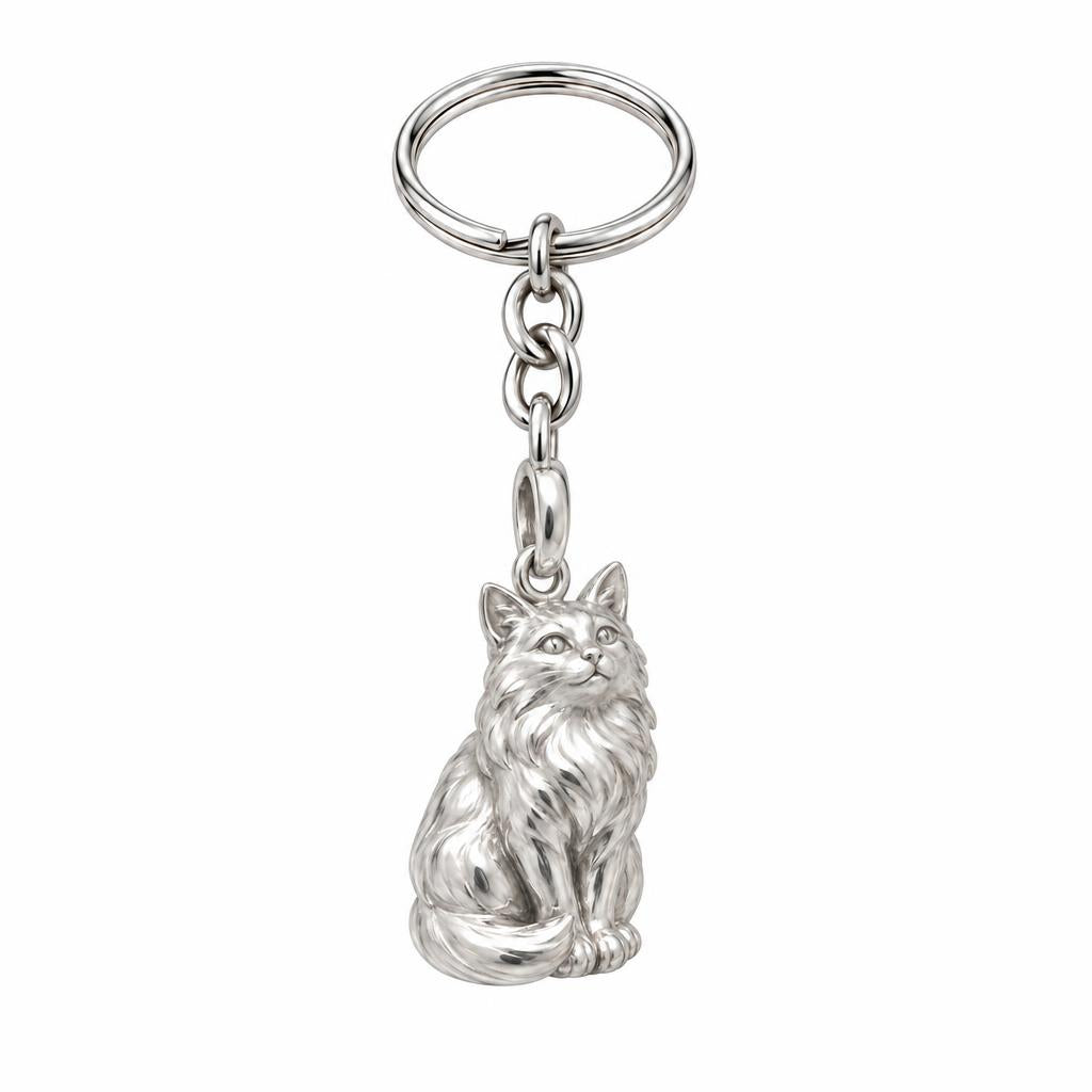 Domestic Longhair — Silver — Always Close — Seated Cat Breed Charm Keychain