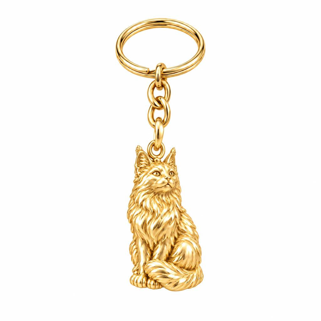 Maine Coon — Gold — Always Close — Seated Cat Breed Charm Keychain
