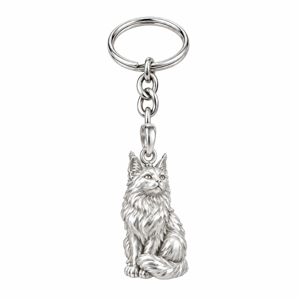 Maine Coon — Silver — Always Close — Seated Cat Breed Charm Keychain
