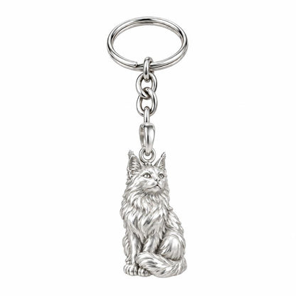 Maine Coon — Silver — Always Close — Seated Cat Breed Charm Keychain