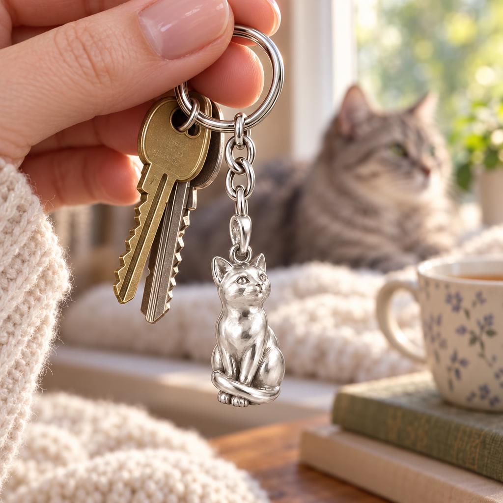 Always Close — Seated Cat Breed Charm Keychain — worn / in use