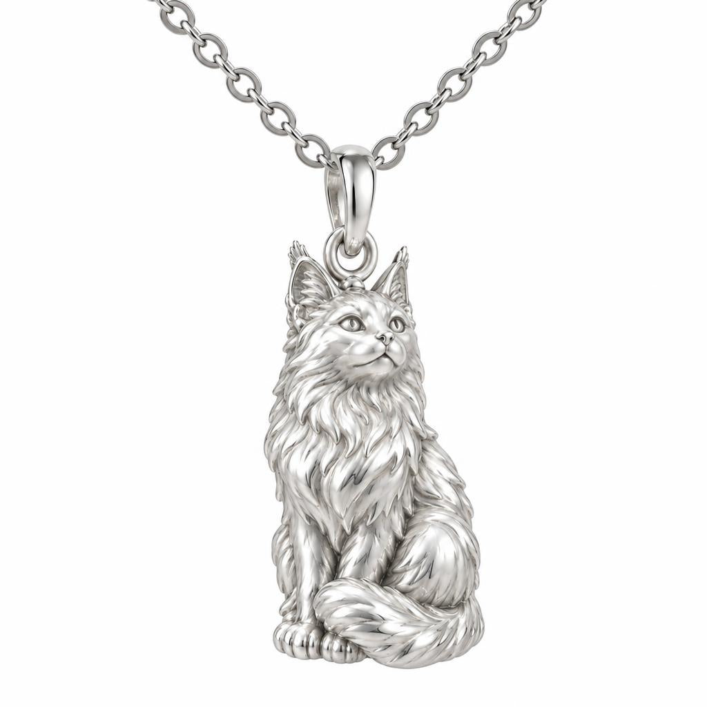 Maine Coon — Silver — Always Close — Seated Cat Breed Charm Necklace Set