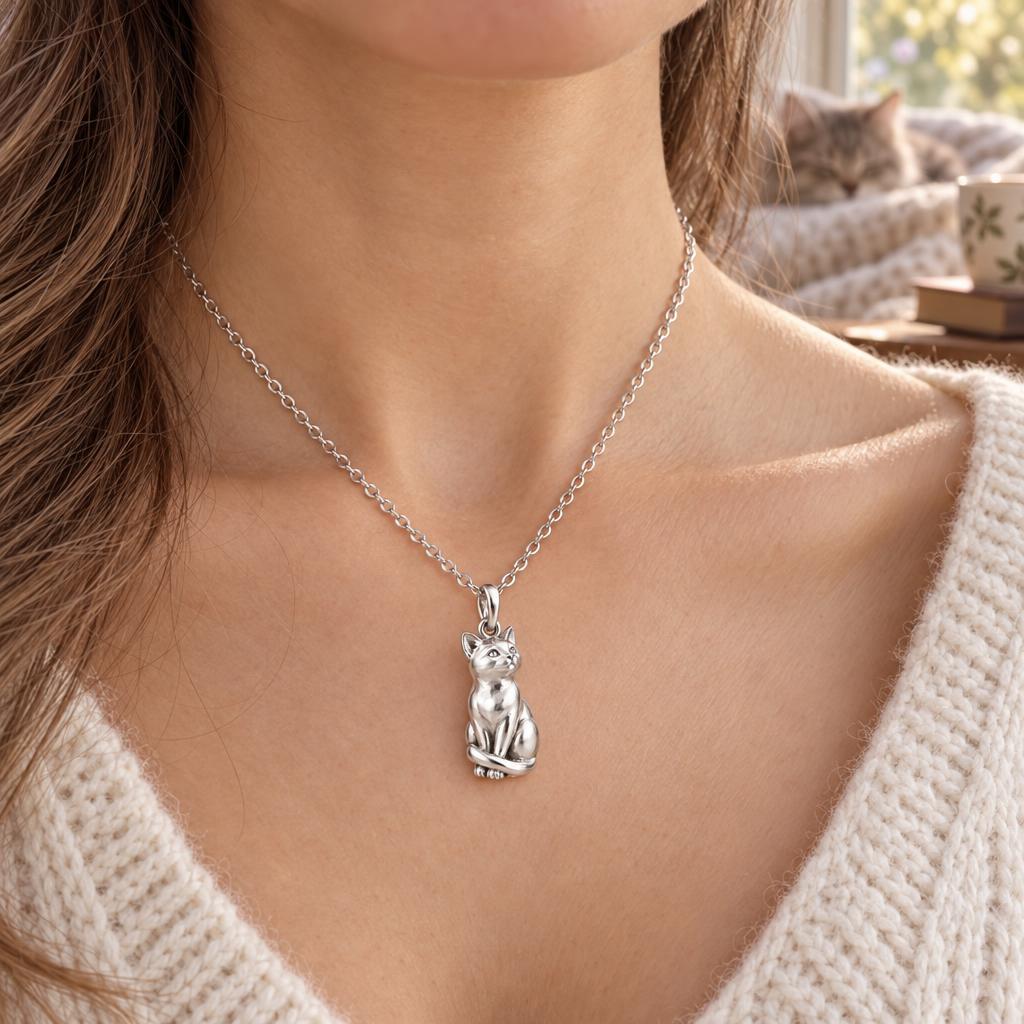 Always Close — Seated Cat Breed Charm Necklace Set — worn / in use