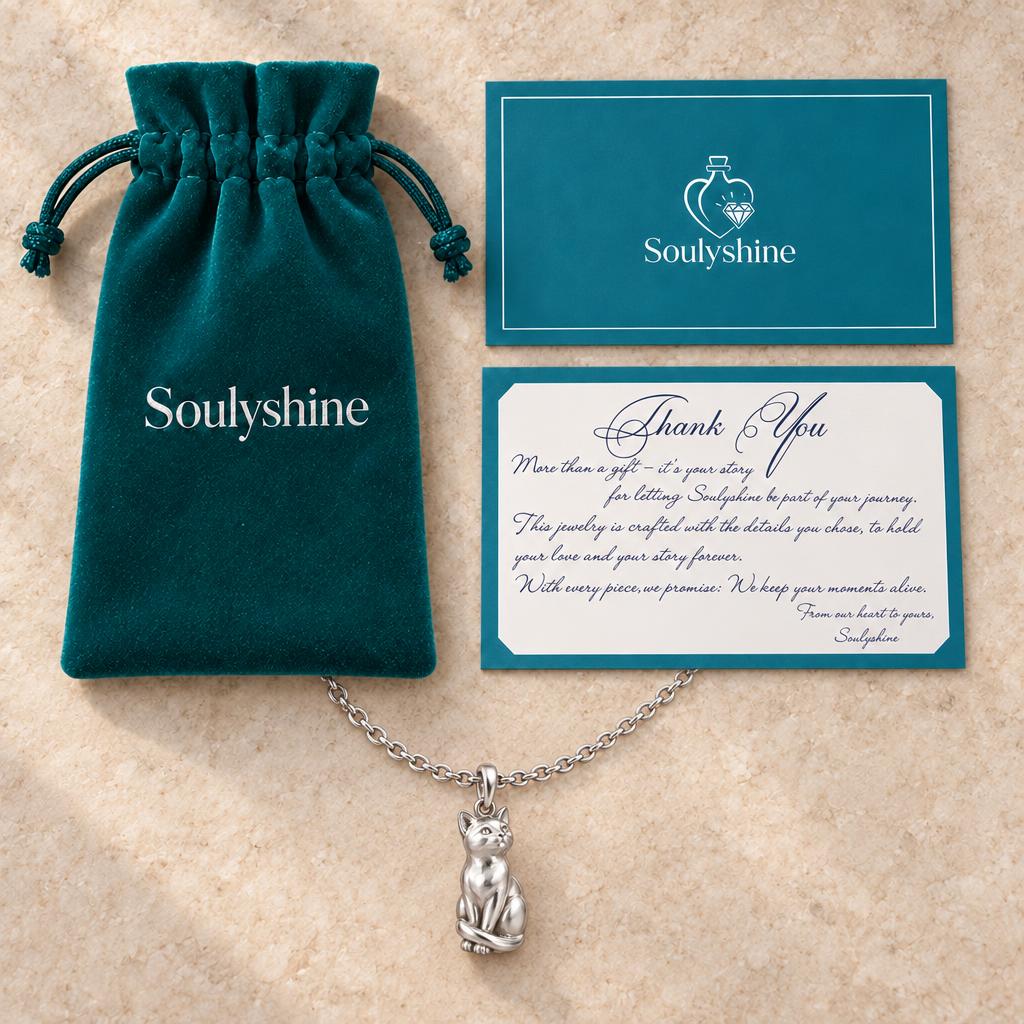 Always Close — Seated Cat Breed Charm Necklace Set — Soulyshine velvet pouch and gift card