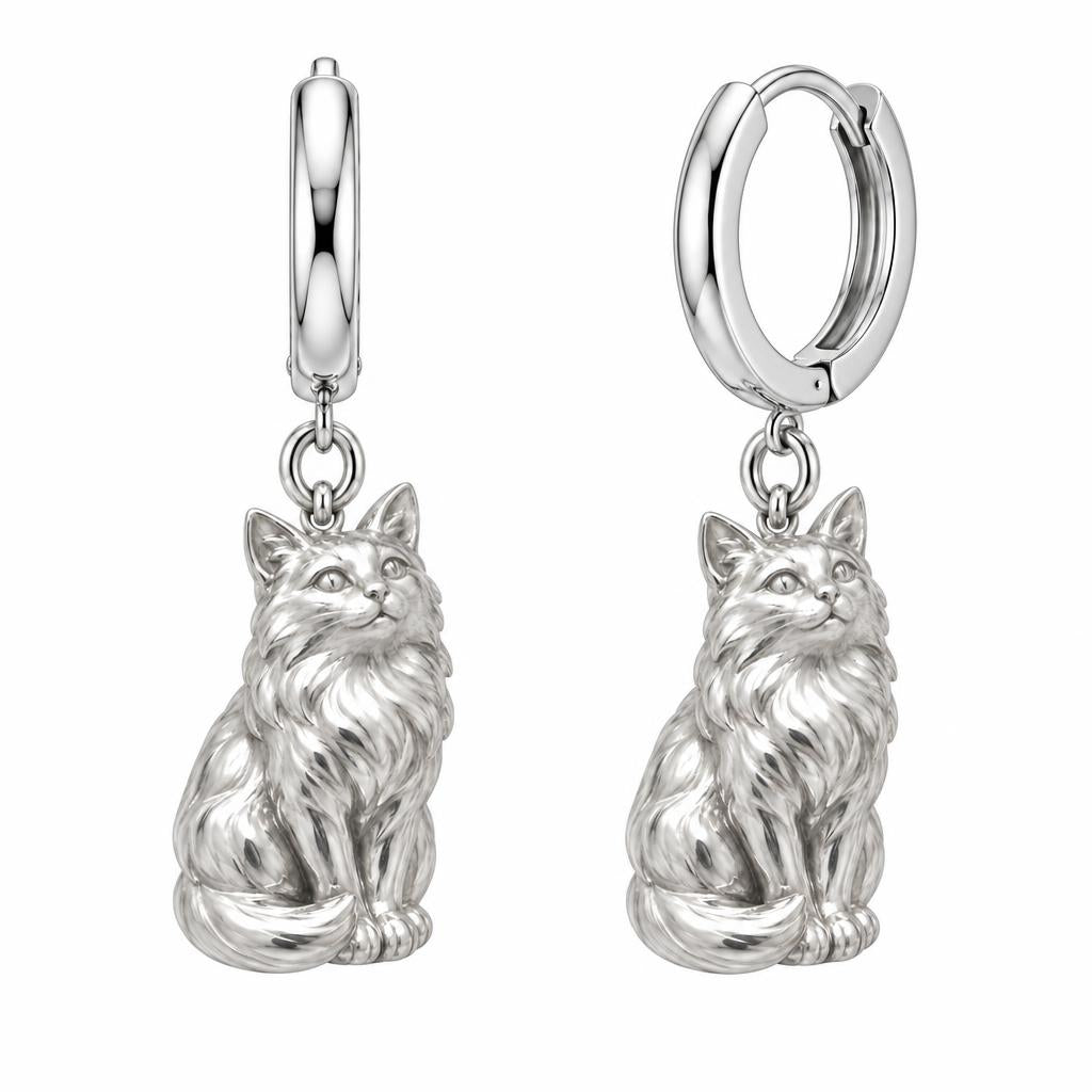 Domestic Longhair — Silver — Always Close — Seated Cat Breed Huggie Charm Earrings