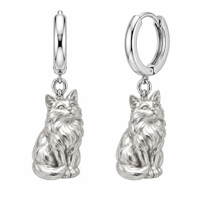 Domestic Longhair — Silver — Always Close — Seated Cat Breed Huggie Charm Earrings