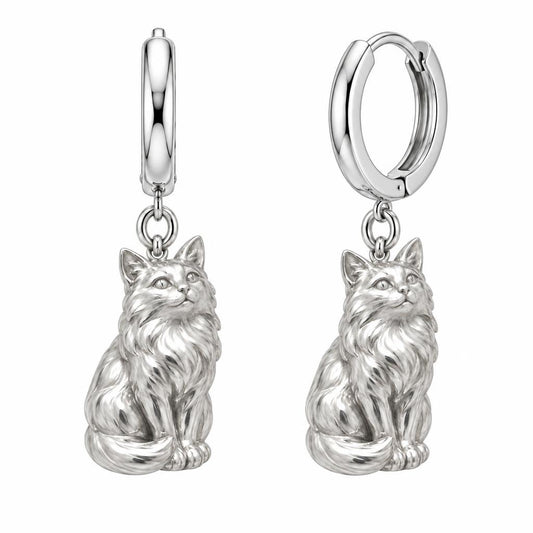 Domestic Longhair — Silver — Always Close — Seated Cat Breed Huggie Charm Earrings