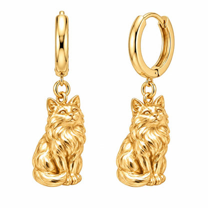 Domestic Longhair — Gold — Always Close — Seated Cat Breed Huggie Charm Earrings