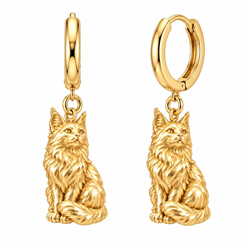 Maine Coon — Gold — Always Close — Seated Cat Breed Huggie Charm Earrings