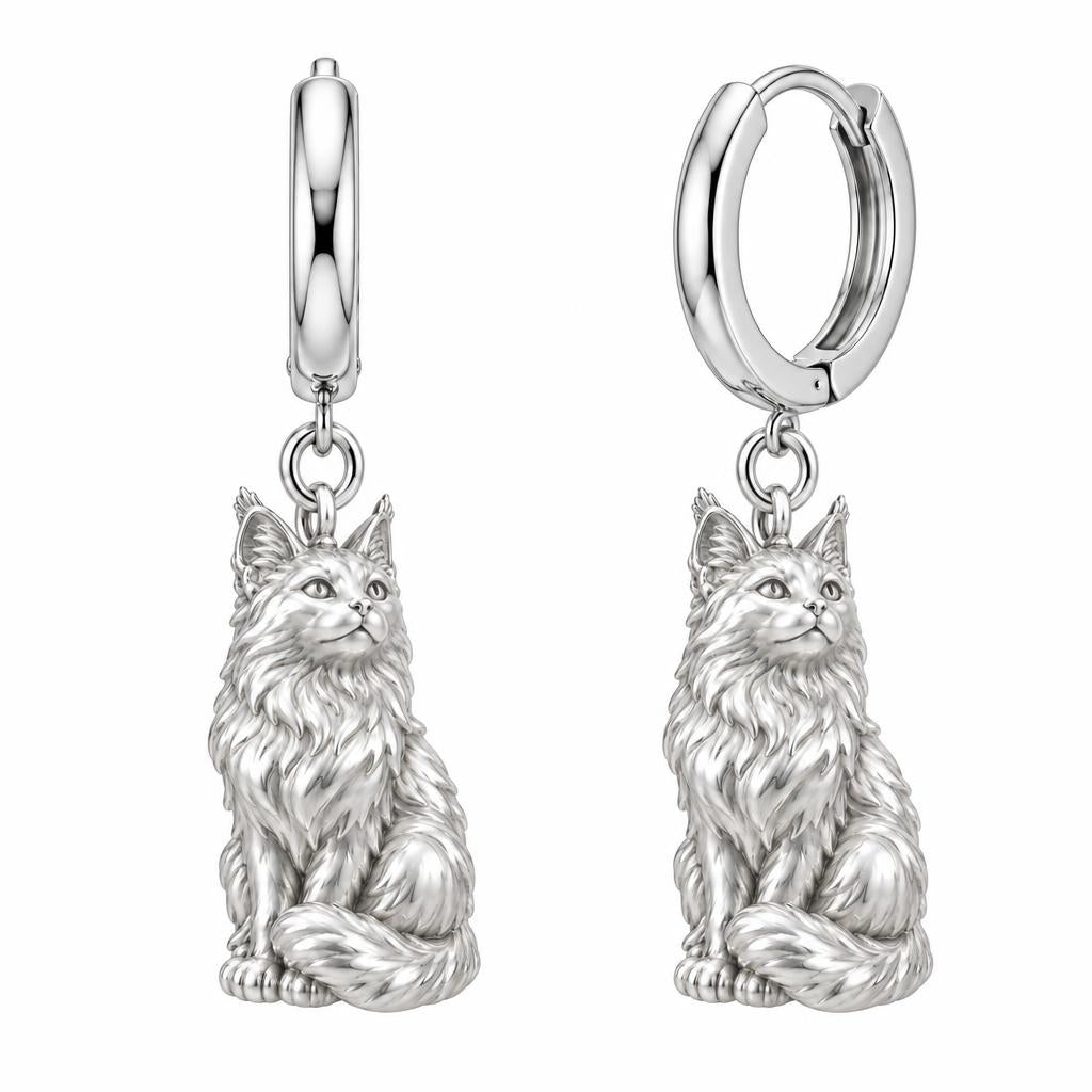 Maine Coon — Silver — Always Close — Seated Cat Breed Huggie Charm Earrings