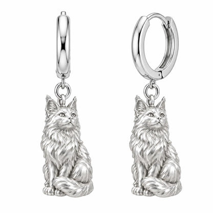 Maine Coon — Silver — Always Close — Seated Cat Breed Huggie Charm Earrings