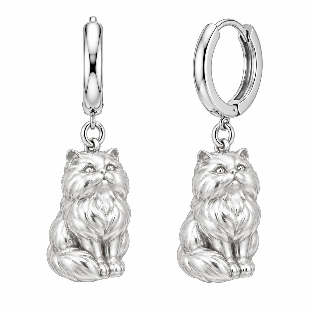 Persian — Silver — Always Close — Seated Cat Breed Huggie Charm Earrings