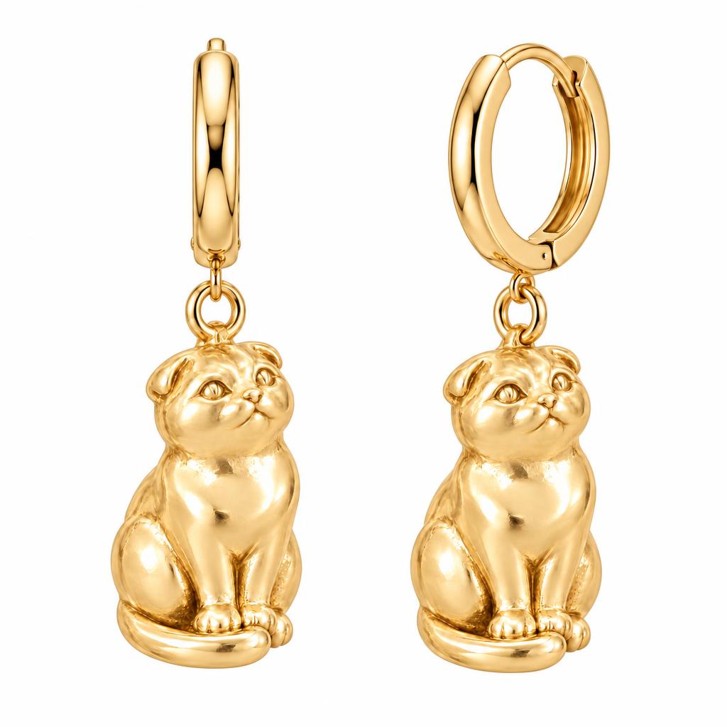 Scottish Fold — Gold — Always Close — Seated Cat Breed Huggie Charm Earrings