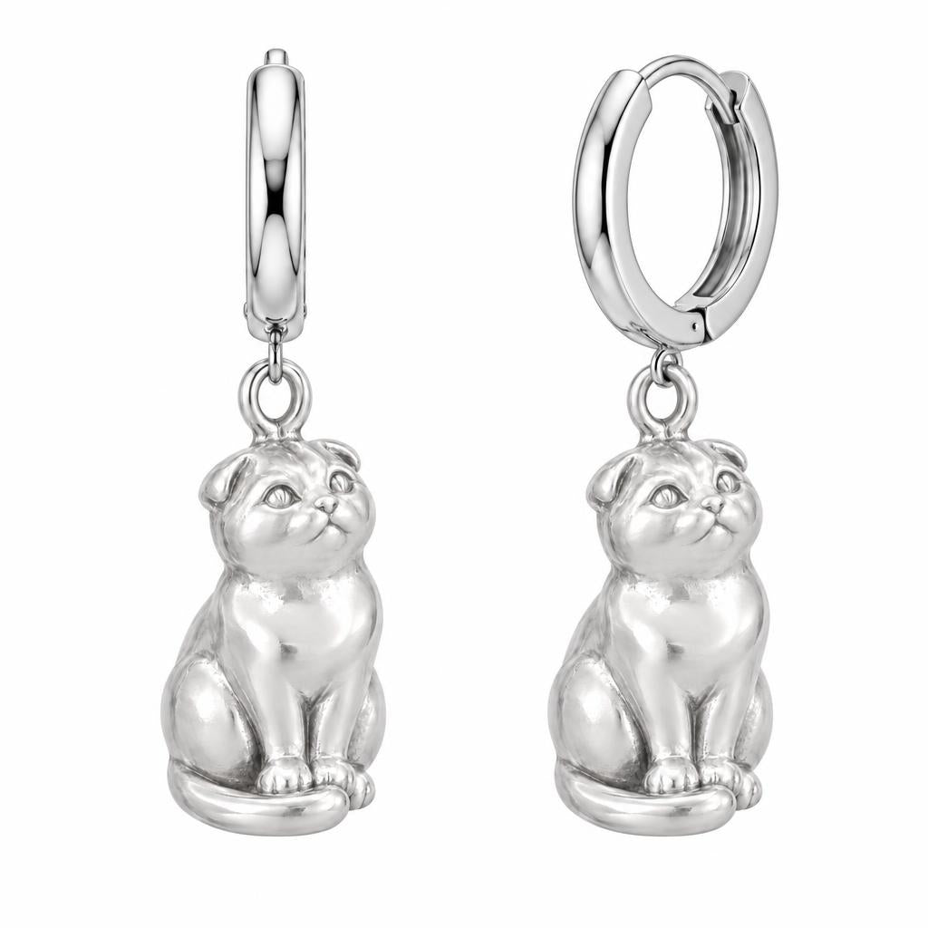 Scottish Fold — Silver — Always Close — Seated Cat Breed Huggie Charm Earrings