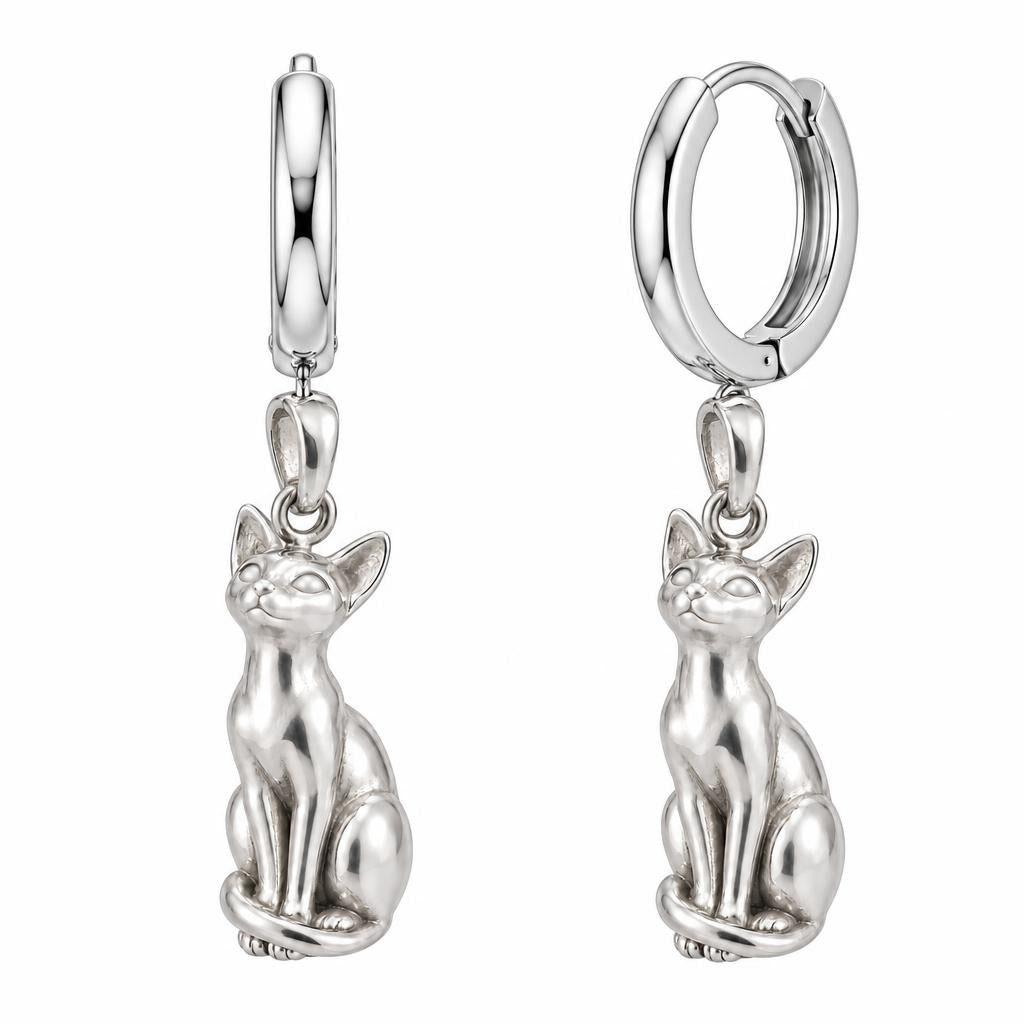 Siamese — Silver — Always Close — Seated Cat Breed Huggie Charm Earrings