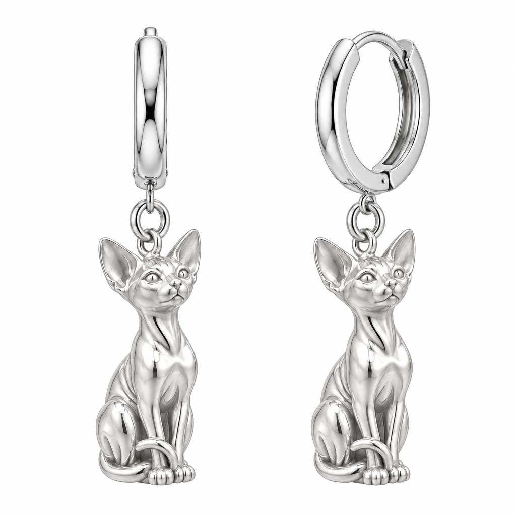 Sphynx — Silver — Always Close — Seated Cat Breed Huggie Charm Earrings