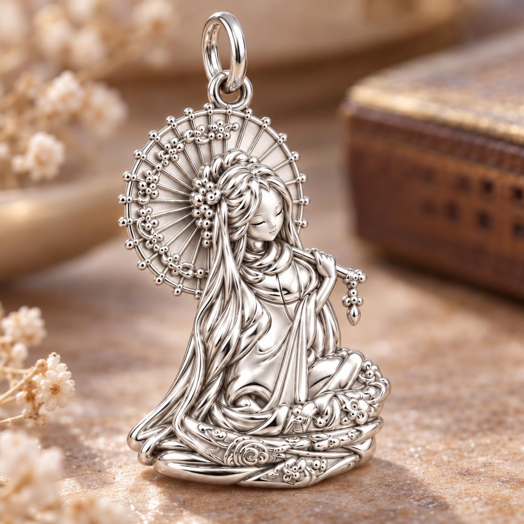 Serene Parasol Goddess Charm Bracelet – Personalized Mom Gift – macro detail of the charm