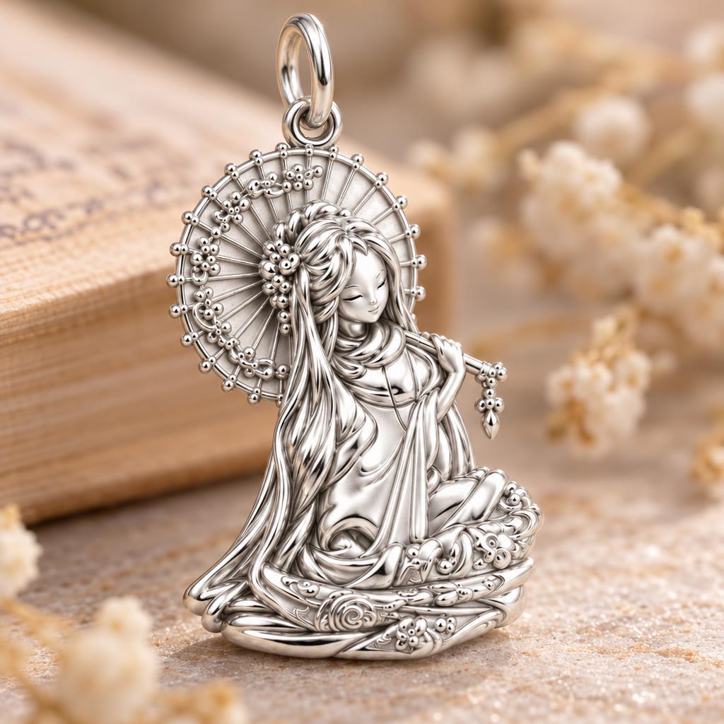 Serene Parasol Goddess Charm Bracelet – Personalized Mom Gift – macro detail of the charm