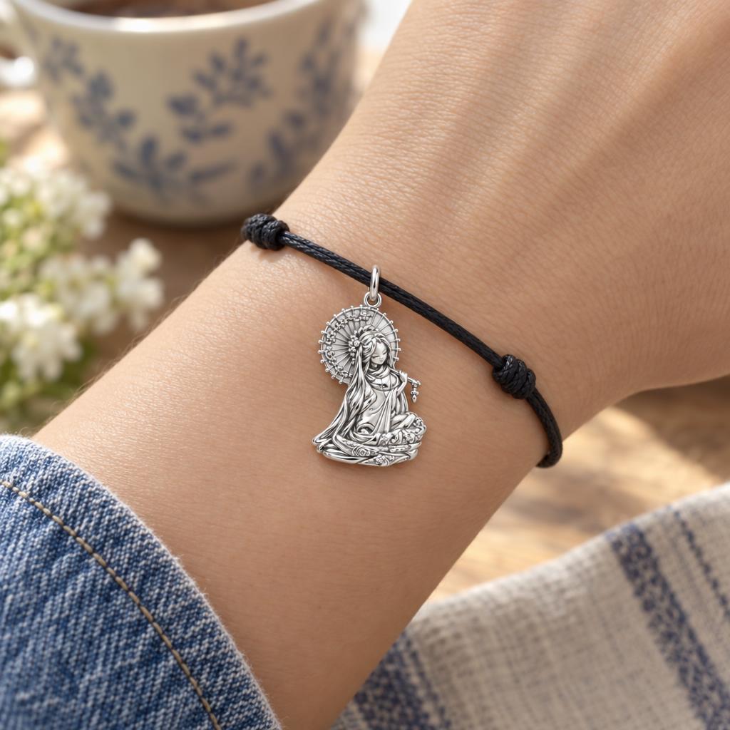 Serene Parasol Goddess Charm Bracelet – Personalized Mom Gift – worn on the wrist on a black cord bracelet