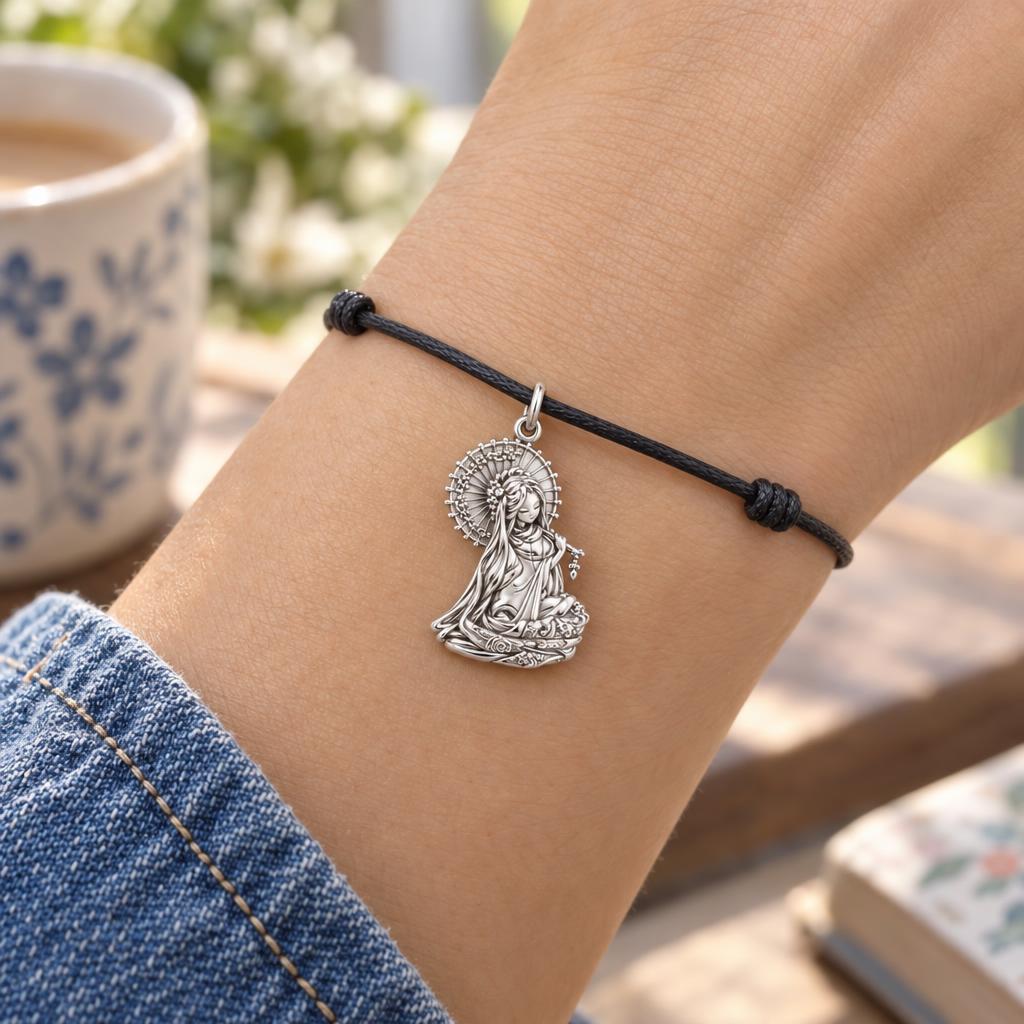 Serene Parasol Goddess Charm Bracelet – Personalized Mom Gift – worn on the wrist on a black cord bracelet