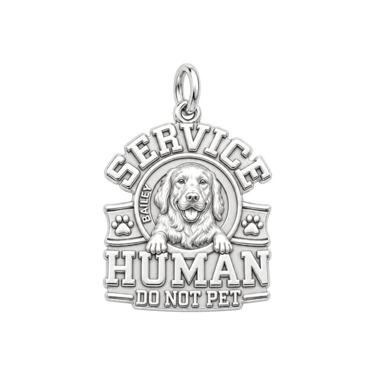 Service Human Shield Charm Bracelet – Personalized Dog Mom Gift – silver plated 3 cm charm, front view