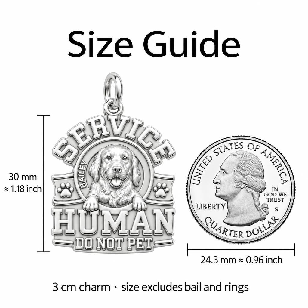 Service Human Shield Charm Bracelet – Personalized Dog Mom Gift – size guide, 3 cm charm next to a quarter