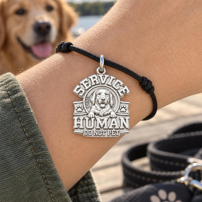 Service Human Shield Charm Bracelet – Personalized Dog Mom Gift – worn on the wrist on a black cord bracelet