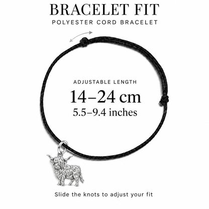 Shaggy Highland Cow Charm Bracelet – Personalized Mom Gift – adjustable black cord bracelet, 14–24 cm