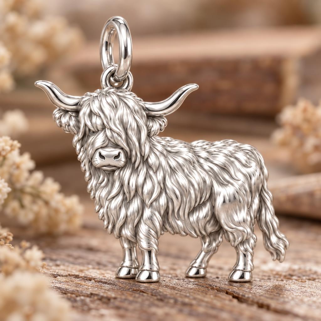 Shaggy Highland Cow Charm Bracelet – Personalized Mom Gift – macro detail of the charm