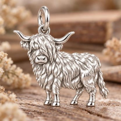 Shaggy Highland Cow Charm Bracelet – Personalized Mom Gift – macro detail of the charm