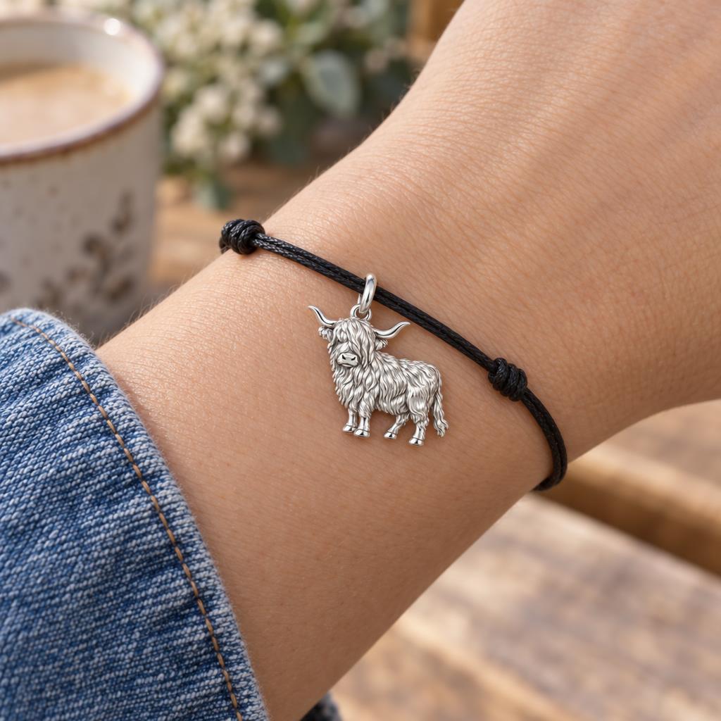 Shaggy Highland Cow Charm Bracelet – Personalized Mom Gift – worn on the wrist on a black cord bracelet