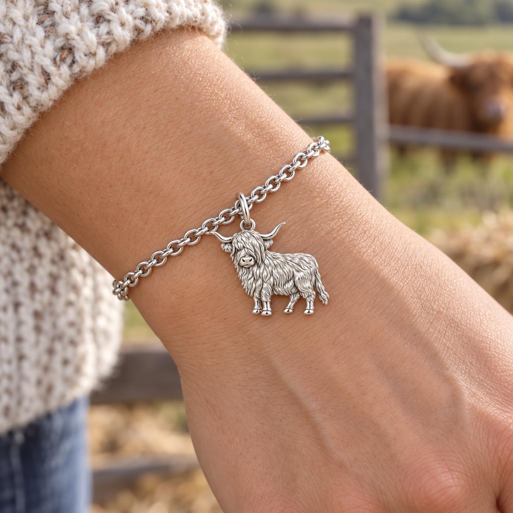 Shaggy Highland Cow Charm Bracelet Set – worn / in use