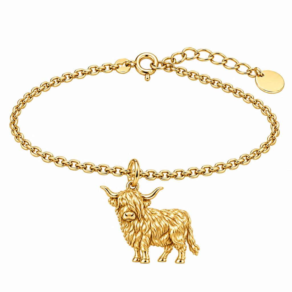 Shaggy Highland Cow Charm Bracelet Set – 18K gold, front view