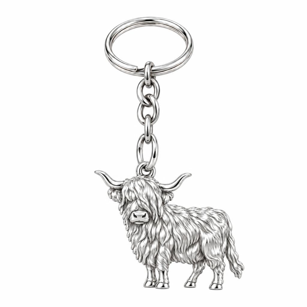 Shaggy Highland Cow Charm Keychain – silver, front view